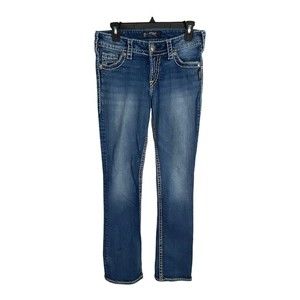 Silver Womens Jeans Adult Size 27 Suki Thick Stitch Low Rise Boot Cut Medium Was